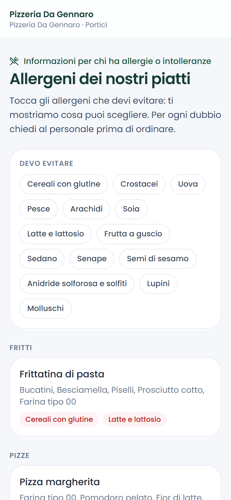 La scheda allergeni per i clienti, aperta dal QR