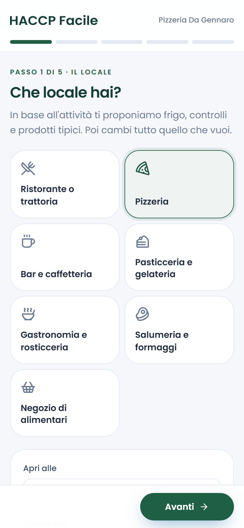 La configurazione guidata dell'app: tipo di locale, orari e attrezzature